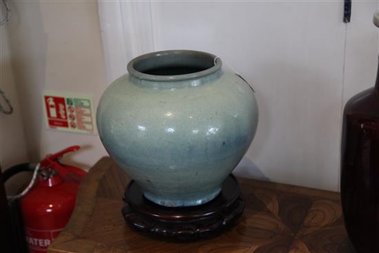 A Chinese numbered Jun type high shouldered jar, 18th century or earlier, height 26cm, diameter 30cm, faults